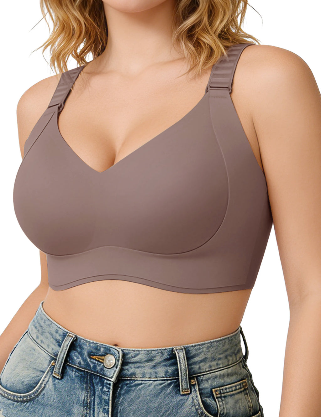 Seamless T-shirt bra in dark taupe, deep V neckline, smooth underband
