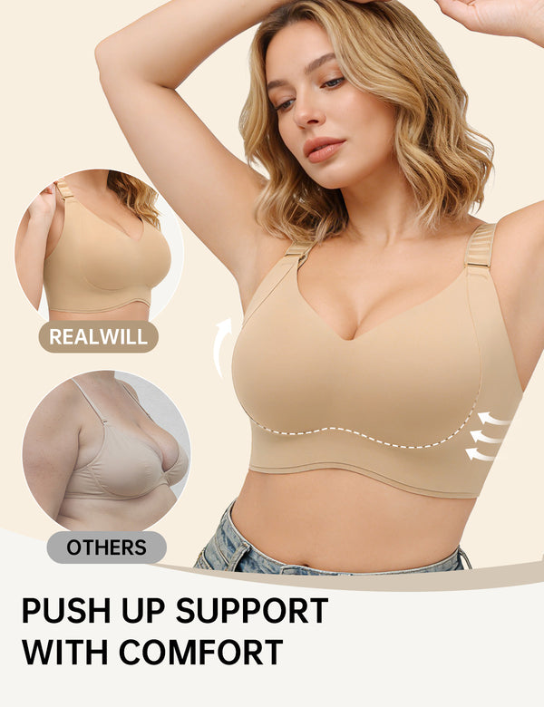 Nude T-shirt bra with V-neck plunge cups and adjustable shoulder straps, model wearing