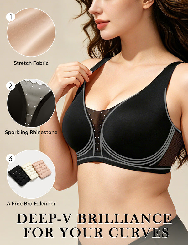 Black mesh jelly bra with deep-V neckline and sparkling rhinestone center row
