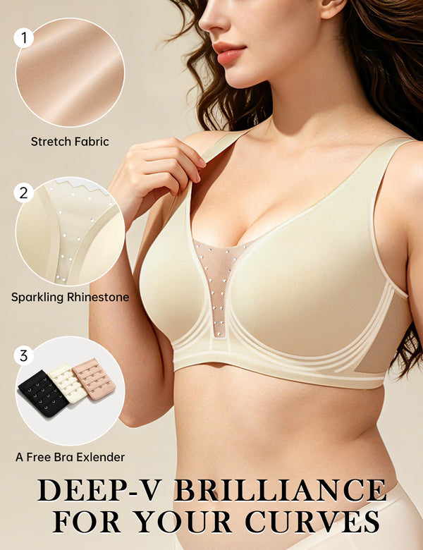 Beige bra close-up with stretch fabric and sparkling rhinestone front panel