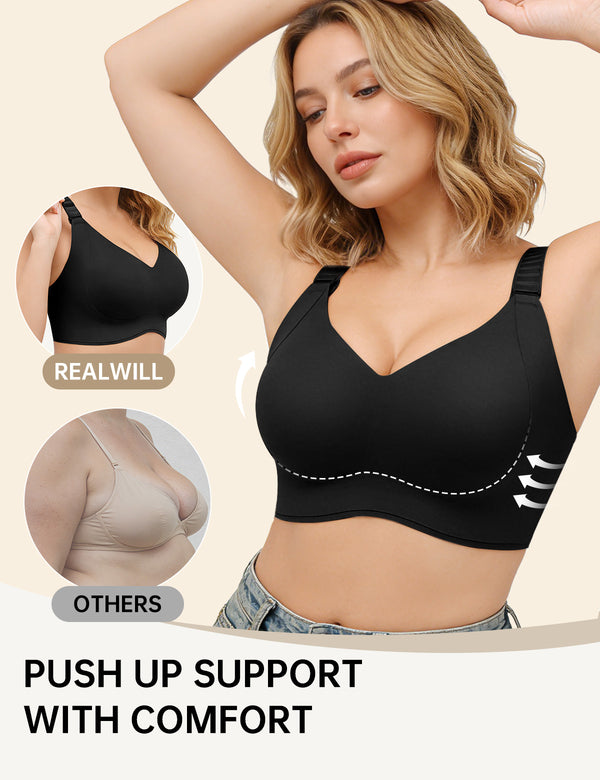 Black T-shirt bra with push-up support and adjustable shoulder straps
