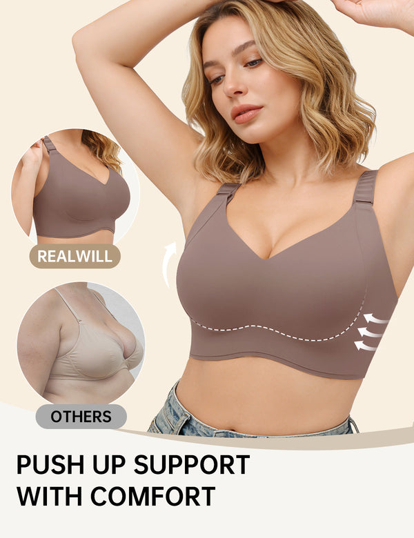 Seamless T-shirt bra in dark taupe, V-neck molded cups, push-up support