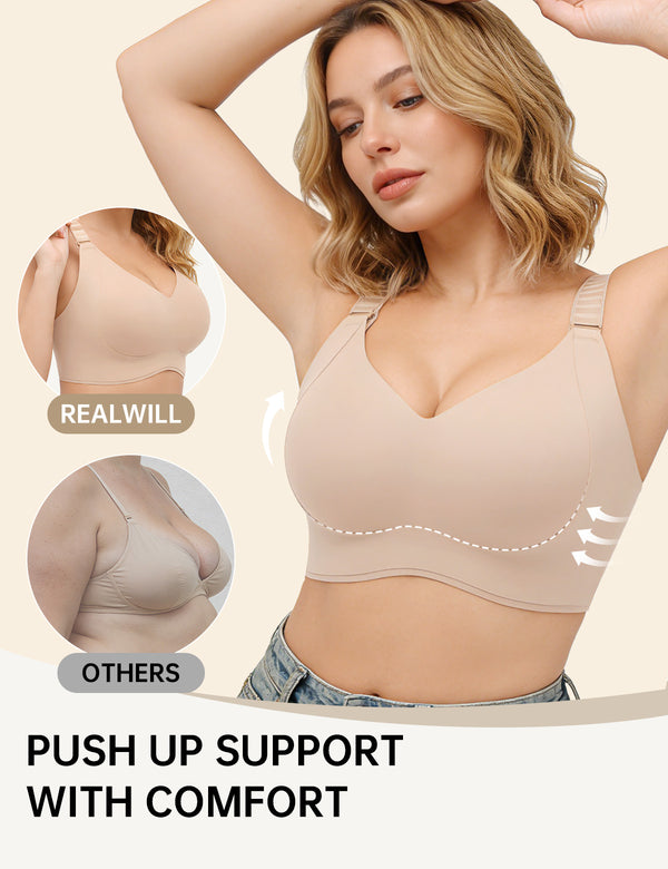 Nude T-shirt bra with V-neck plunge cups and adjustable shoulder straps, model wearing