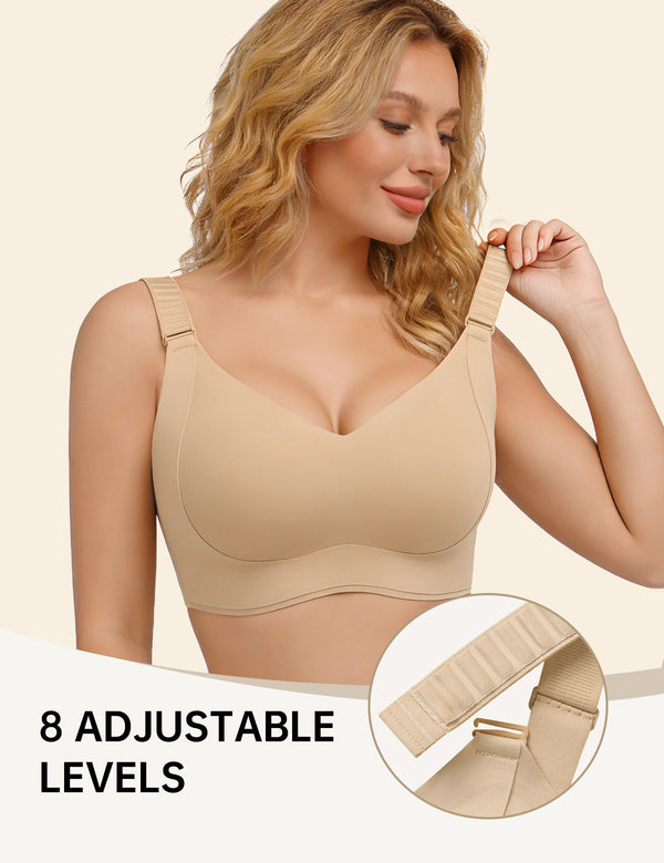 Beige T-shirt bra with adjustable shoulder straps and V neckline