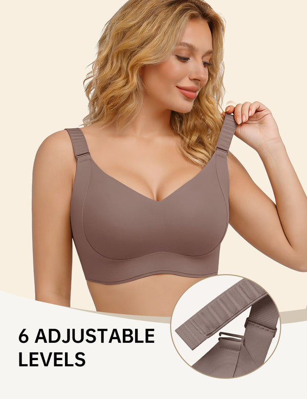 Seamless T-shirt bra in dark taupe, V-neck molded cups, adjustable straps