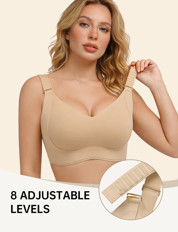 Beige T-shirt bra with V-neck cups and adjustable strap detail, close-up