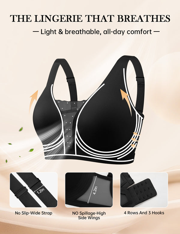 Mesh jelly bra in black with no-slip wide straps, high side wings, 4 rows 3 hooks