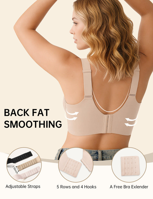 Nude T-shirt bra with racer-back straps and V-neck cups, back view on model