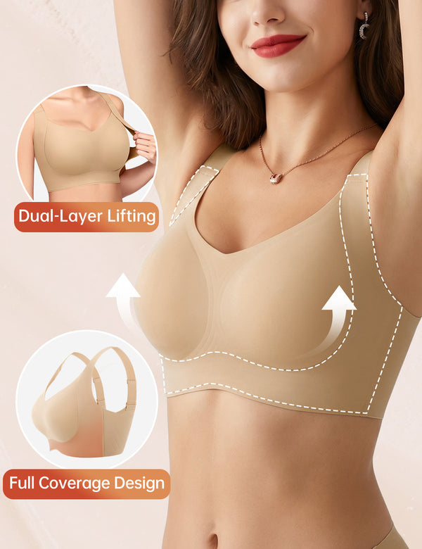 Beige double-layer lifting bra with full-coverage cups and double straps.