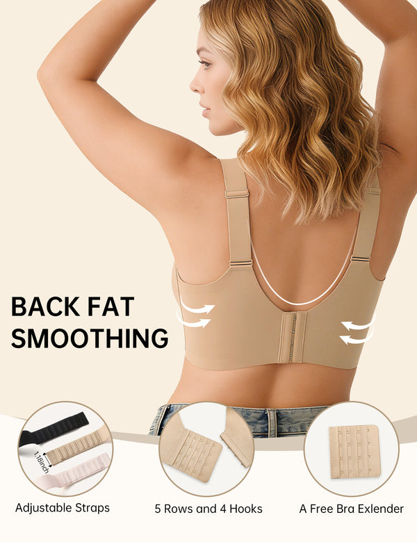 Beige T-shirt bra with racerback straps and back smoothing design