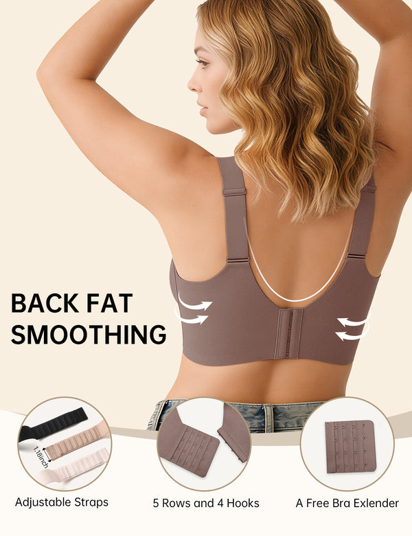 Back view of seamless T-shirt bra in dark taupe, adjustable straps and smoothing