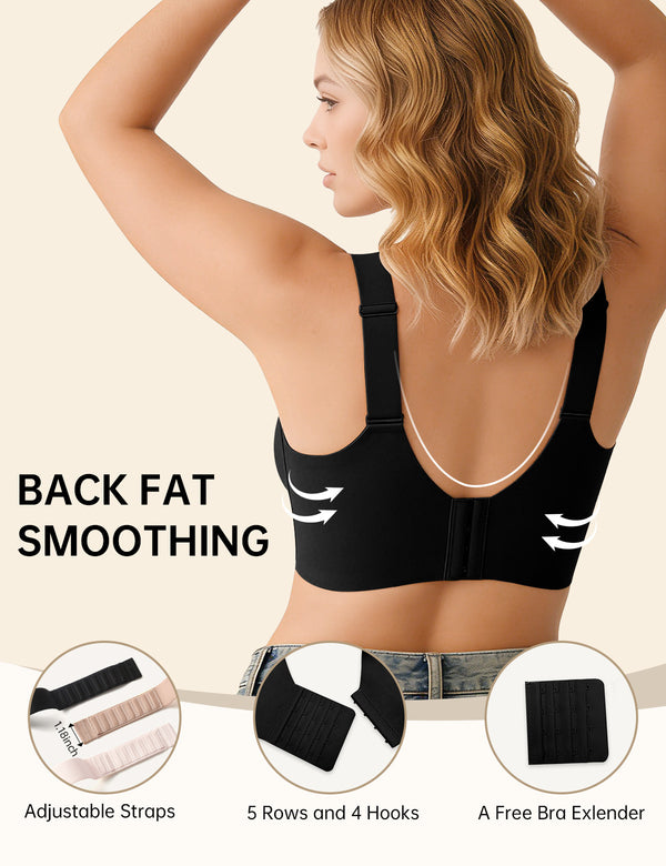 Black T-shirt bra with racerback straps and back smoothing panel