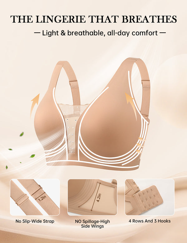 Mesh jelly bra in cream with no-slip wide straps, high side wings, 4 rows 3 hooks