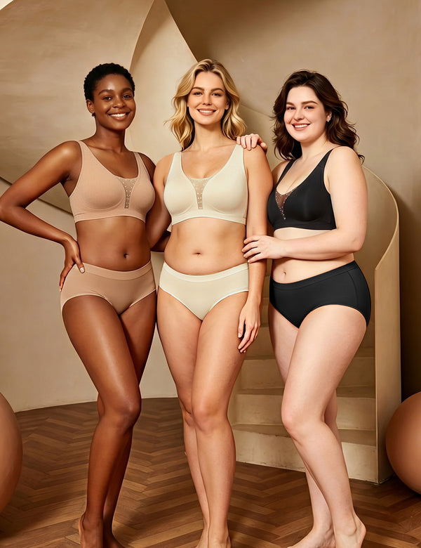 Jelly bra set on three models in nude, cream-white, and black