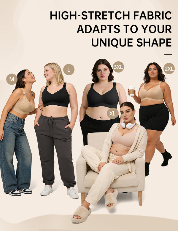 High-stretch T-shirt bra shown in multiple sizes on models wearing beige and black