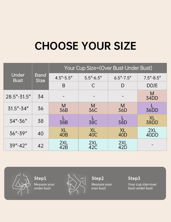 T-shirt bra size chart showing band sizes and cup sizes over bust