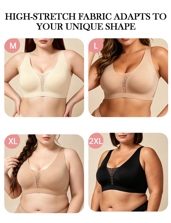 High-stretch mesh jelly bra on models in sizes M, L, XL, and 2XL