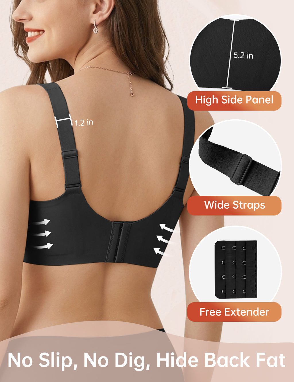 Black back-view lifting bra with wide double straps and adjustable back closure