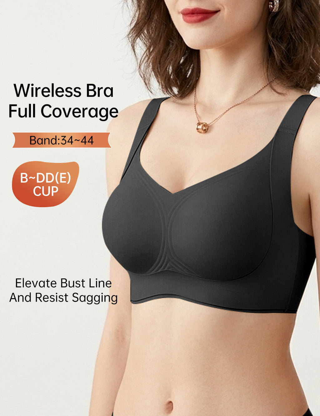 Black wireless full-coverage lifting bra with smooth molded cups