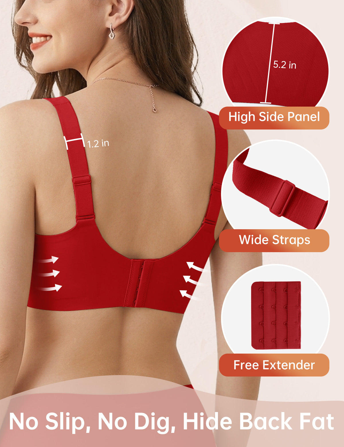 Red back-view lifting bra with wide double straps and adjustable back closure