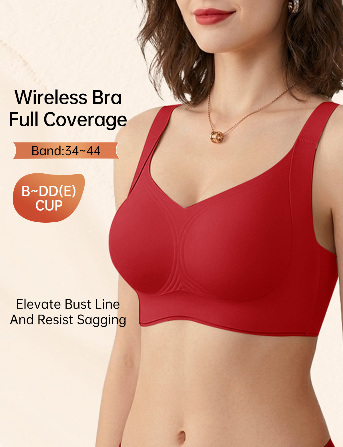 Red wireless full-coverage lifting bra with smooth molded cups