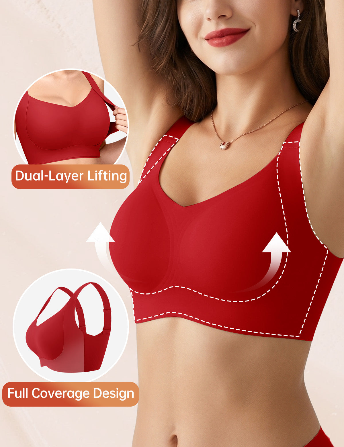 Red double-strap lifting bra with smooth full-coverage cups