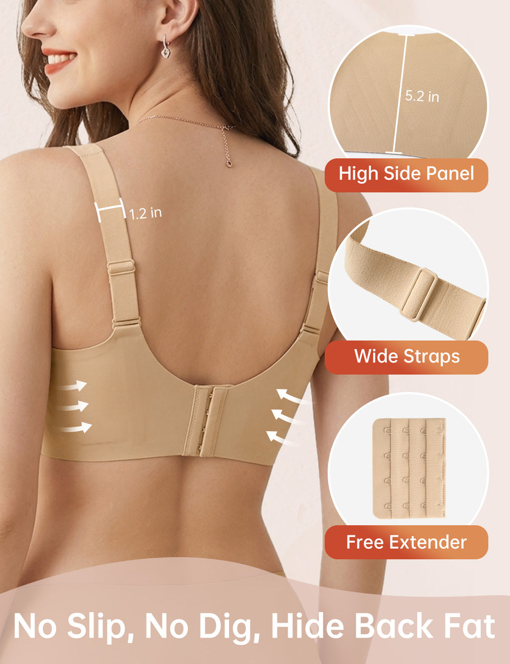 Wireless lifting bra with wide straps and high side panel, beige adjustable fit