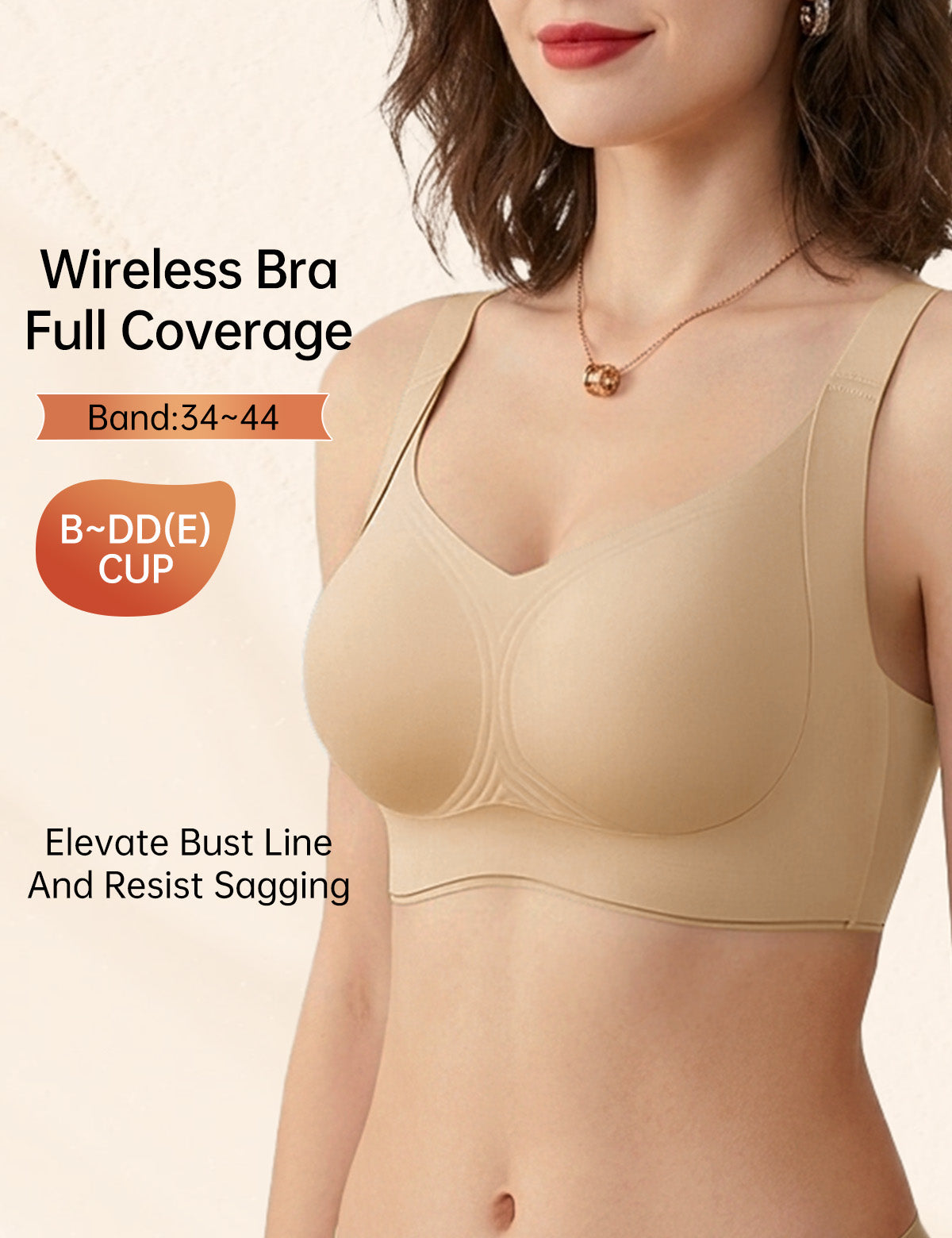Wireless lifting bra, full coverage with wide double straps, beige underwire-free design