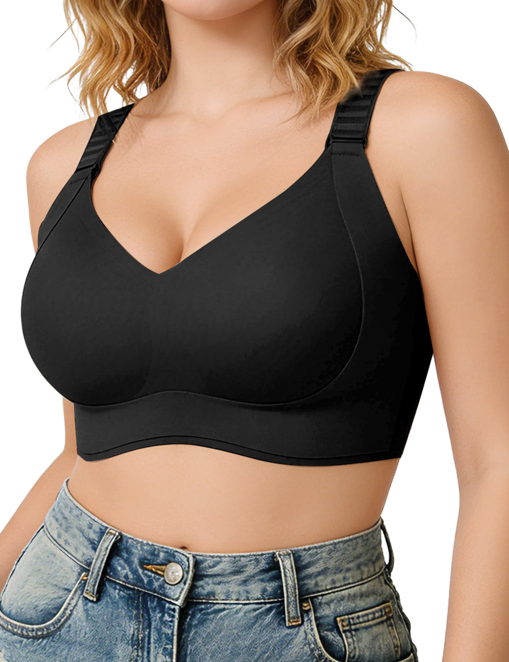 Black T-shirt bra with underwire cups, V neckline, and wide adjustable straps