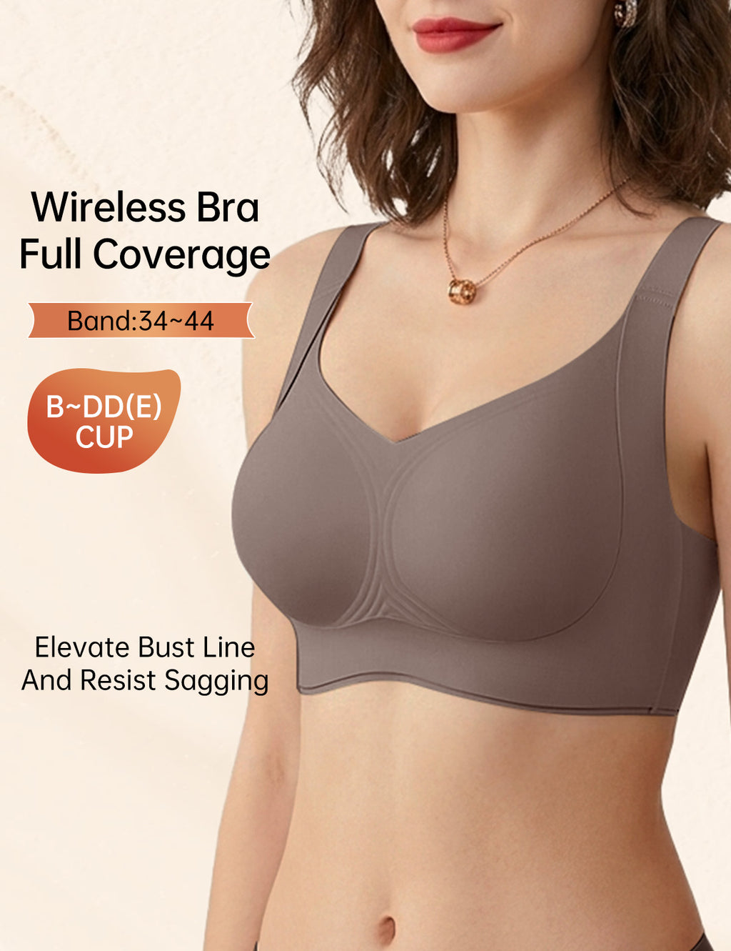 Wireless lifting bra with full coverage cups and wide double straps, dark taupe