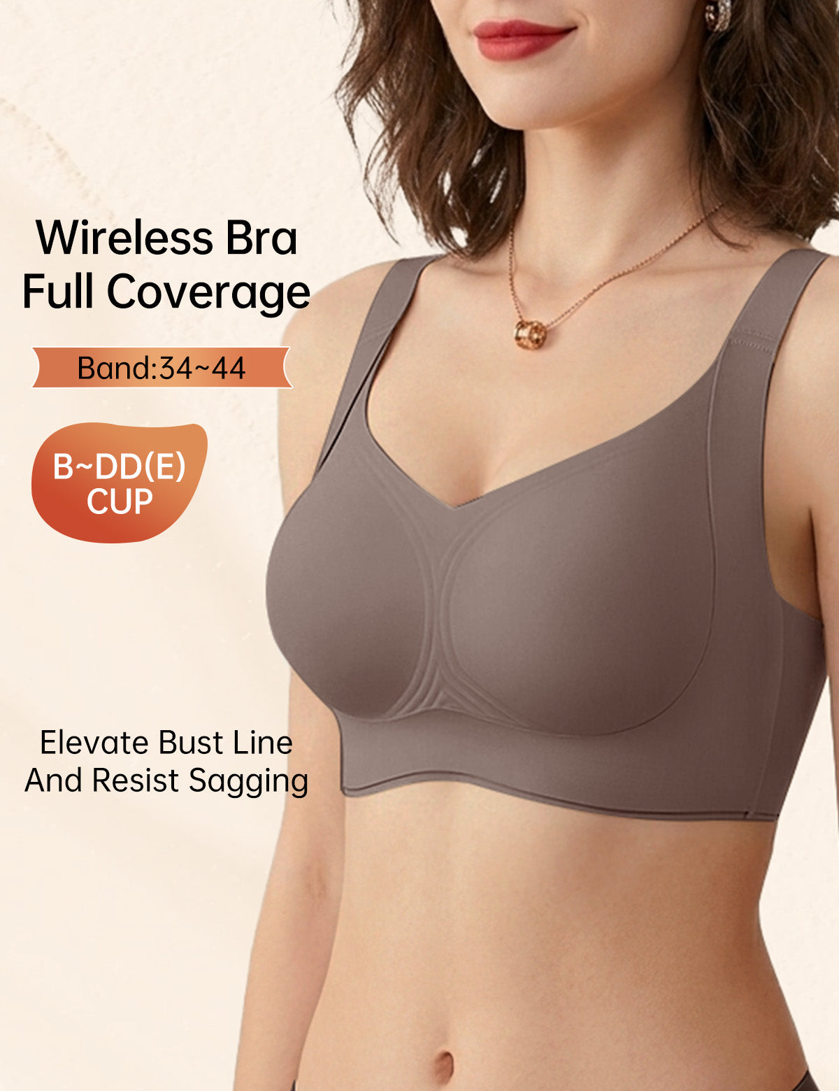 Wireless lifting bra with full coverage cups and wide double straps, dark taupe