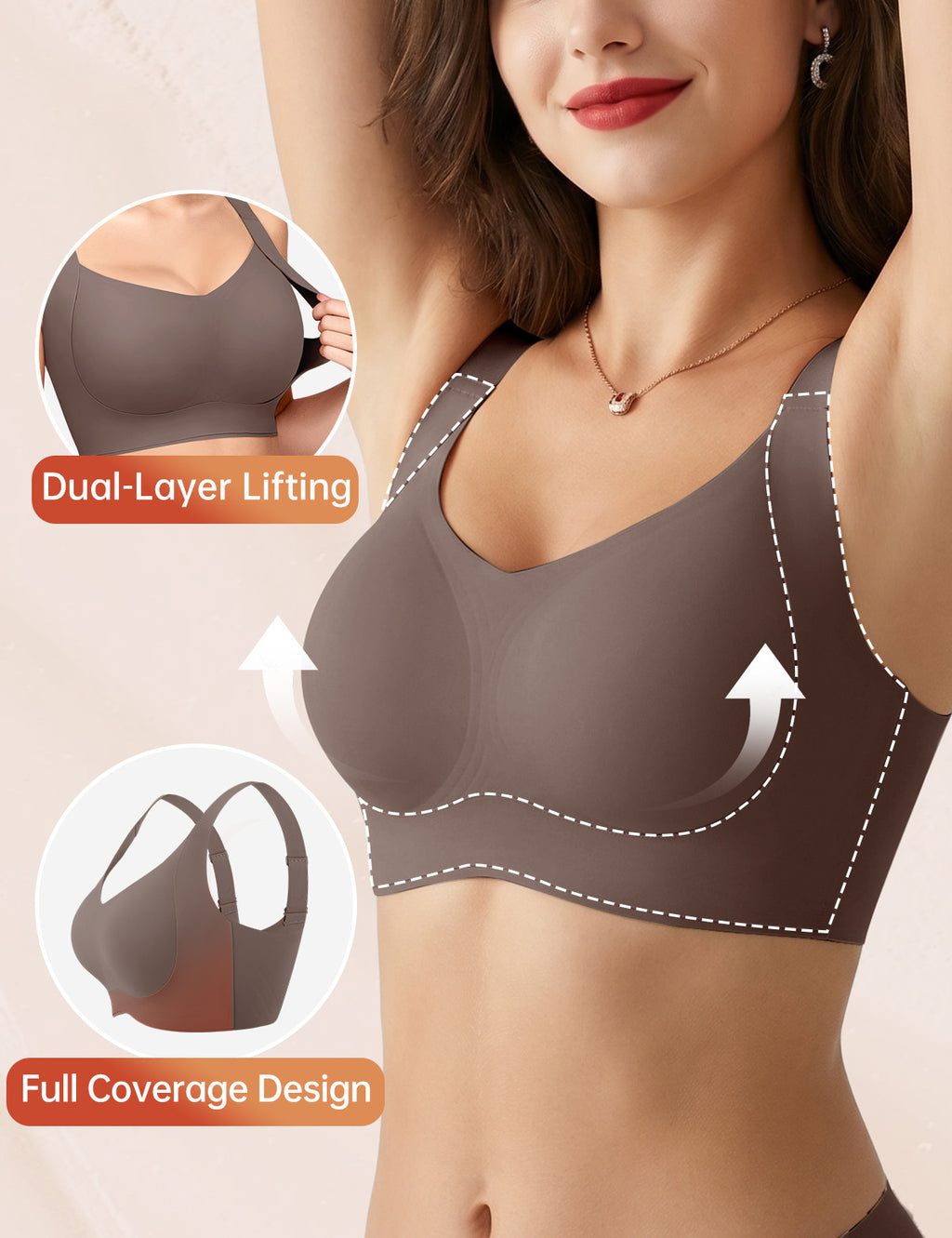 Coffee double-strap lifting bra, wide underband and full-coverage cups