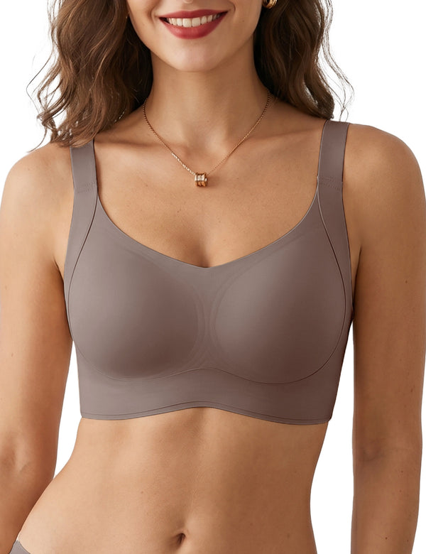Wireless lifting bra with full coverage cups and wide double straps, taupe-gray