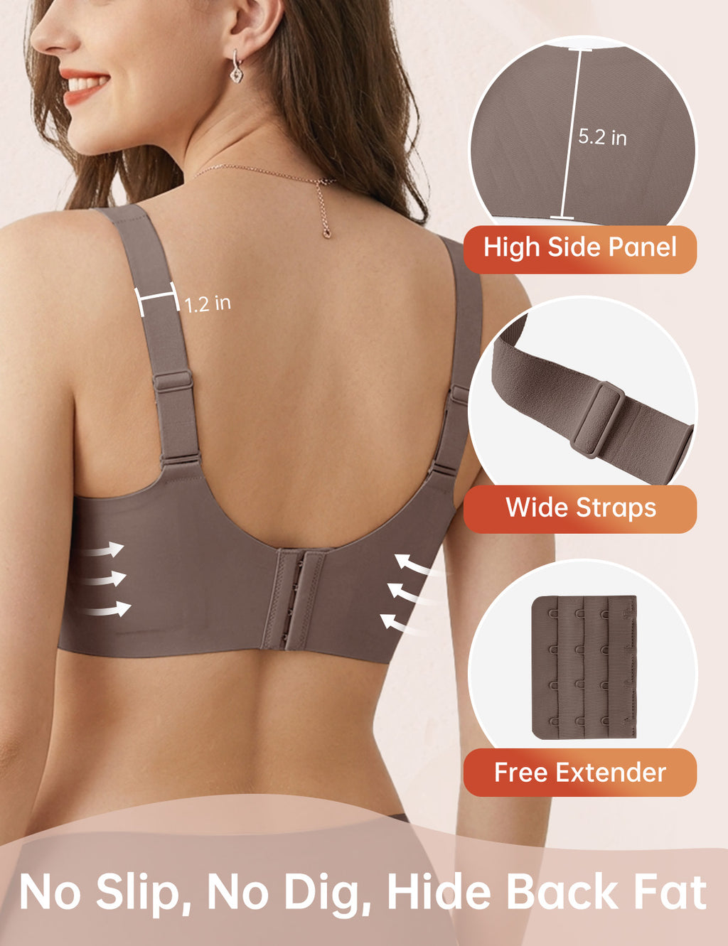 Coffee lifting bra back view with wide straps, high side panel, adjustable hook