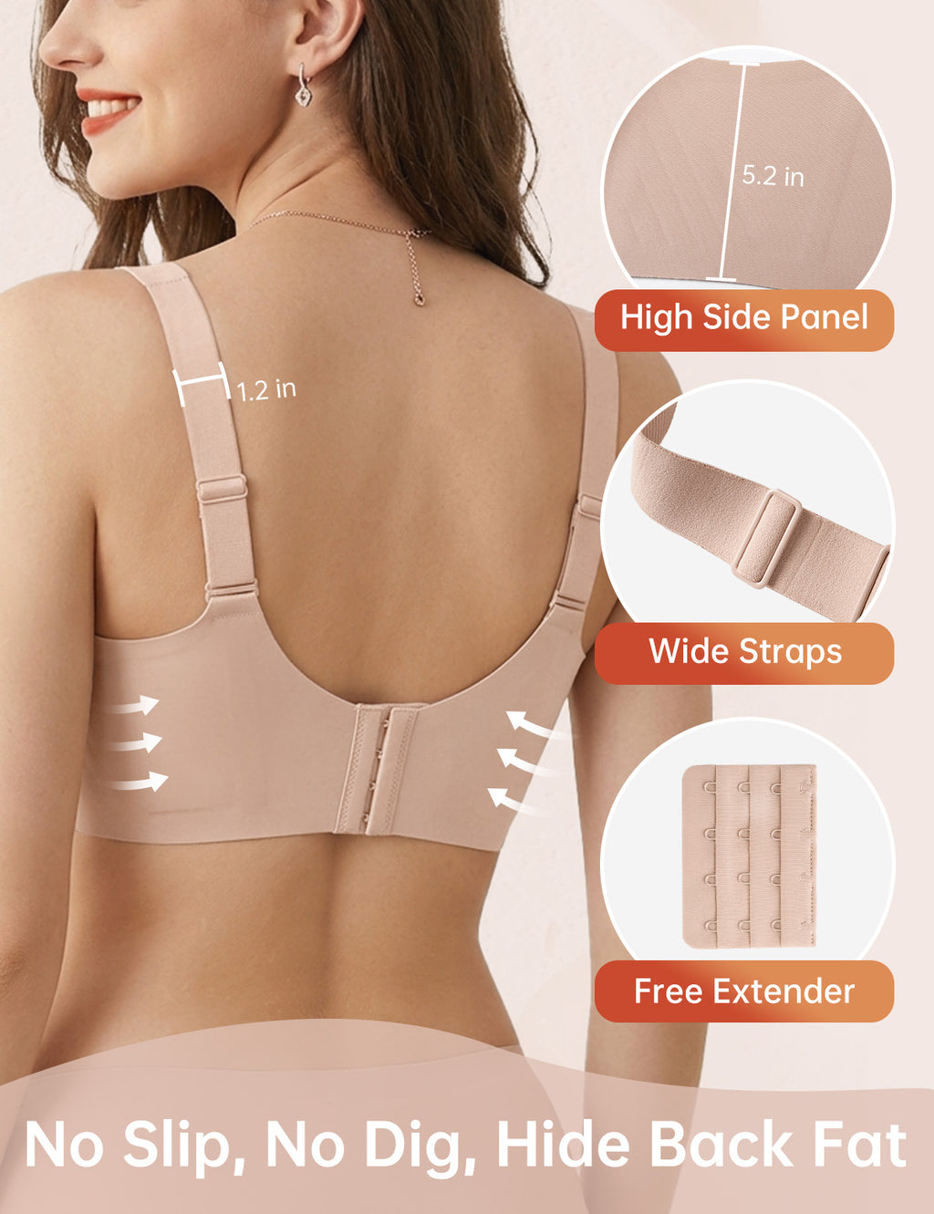 Wireless lifting bra with wide straps, high side panel, and extended band, beige