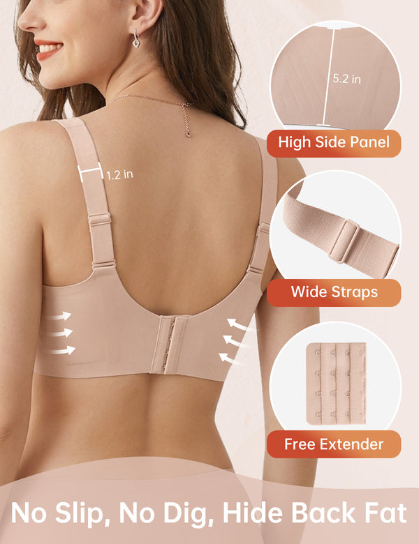 Wireless lifting bra with wide straps, high side panel, and extended band, beige