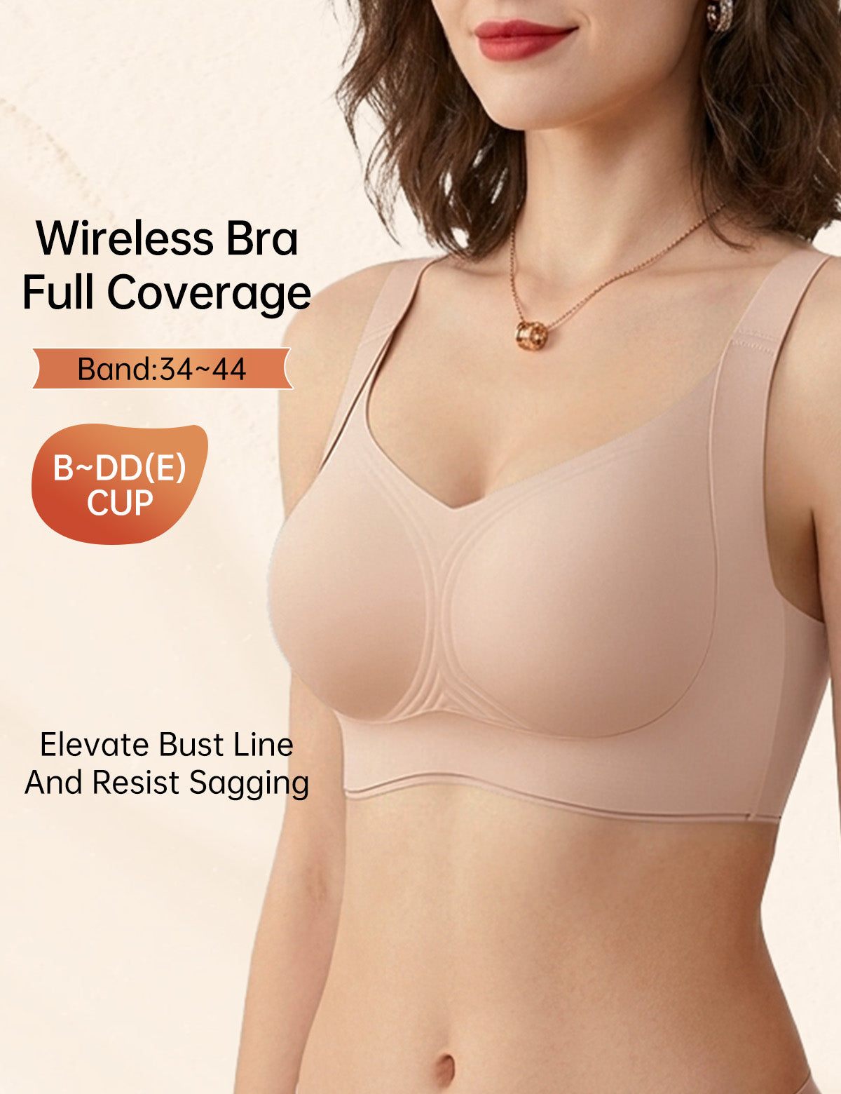 Wireless lifting bra with full coverage cups and wide double straps, nude-beige