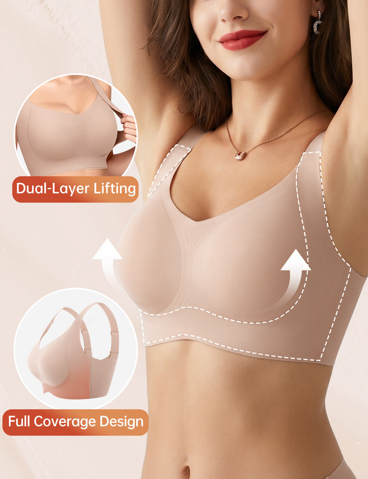Wireless lifting bra with dual-layer lift design and wide double straps, beige